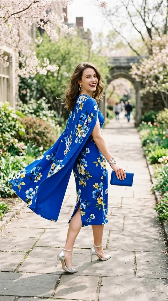 A woman in a blue dress with yellow flowers on it.