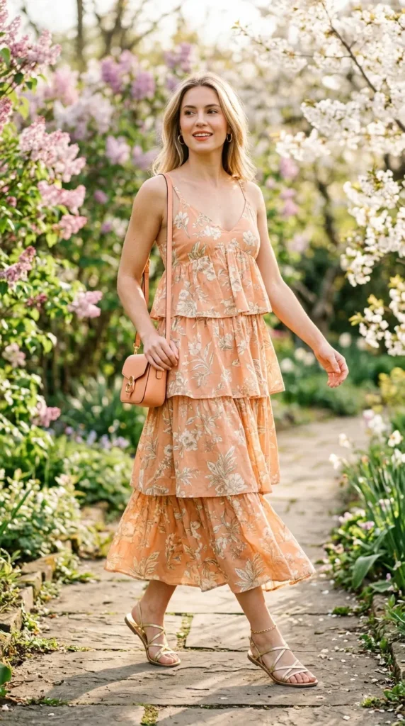 A woman wearing a floral dress and carrying a purse walks down a path.