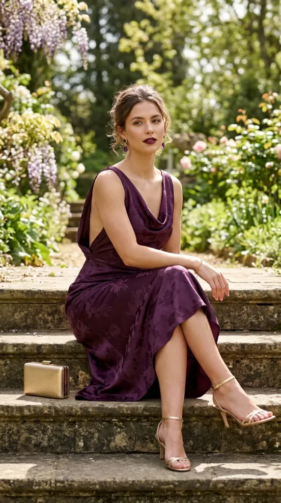 A woman wearing a purple dress sits on a step.
