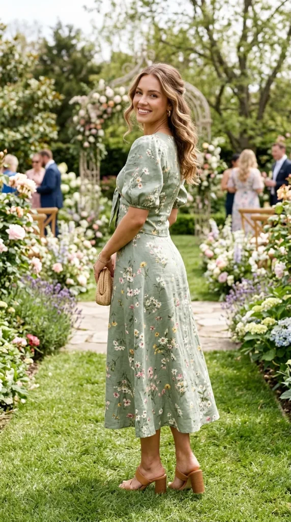 A woman in a floral dress is standing in a garden.