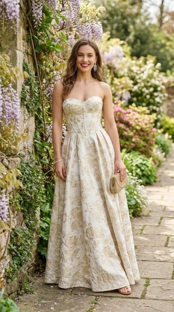 A woman in a white dress stands in front of a wall of purple flowers.