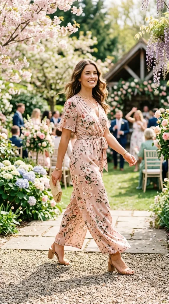 A woman in a floral dress walks through a garden.