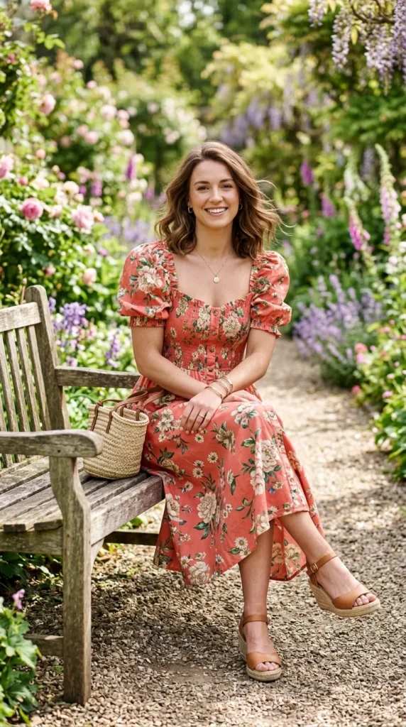 A woman in a floral dress sitting on a bench.