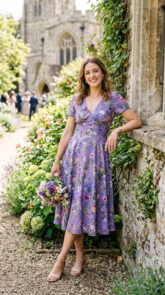 A woman in a purple dress with a flower pattern stands in front of a building.