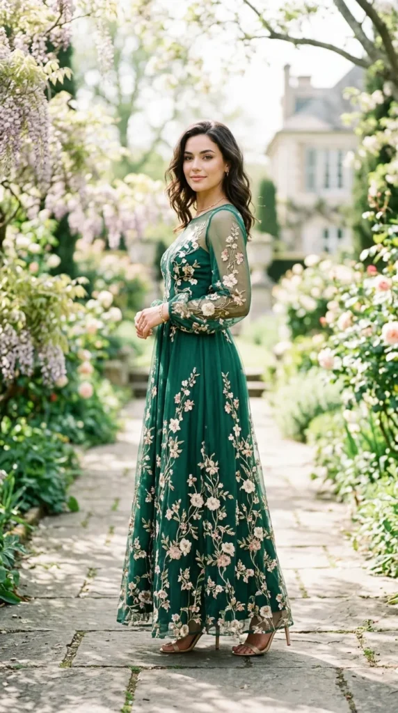 A woman in a green dress stands in front of a flower bush.