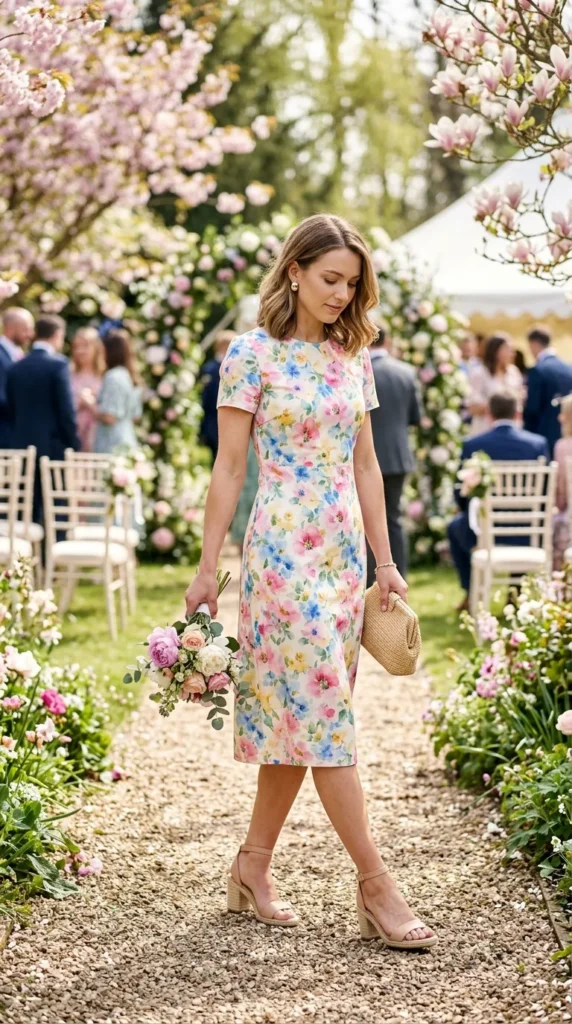 A woman in a floral dress carrying a bouquet of flowers.