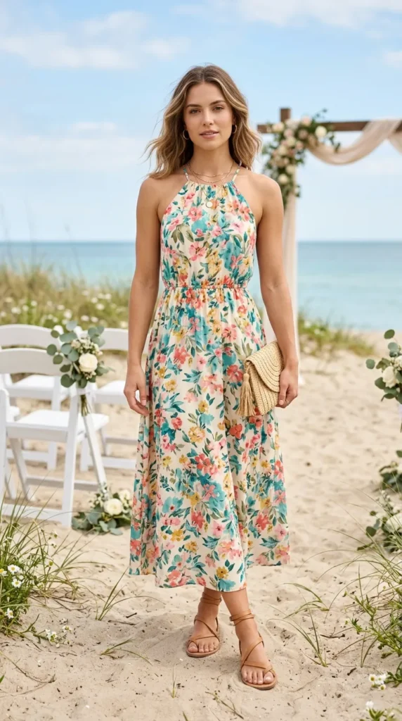 A woman wearing a floral dress stands on a beach.