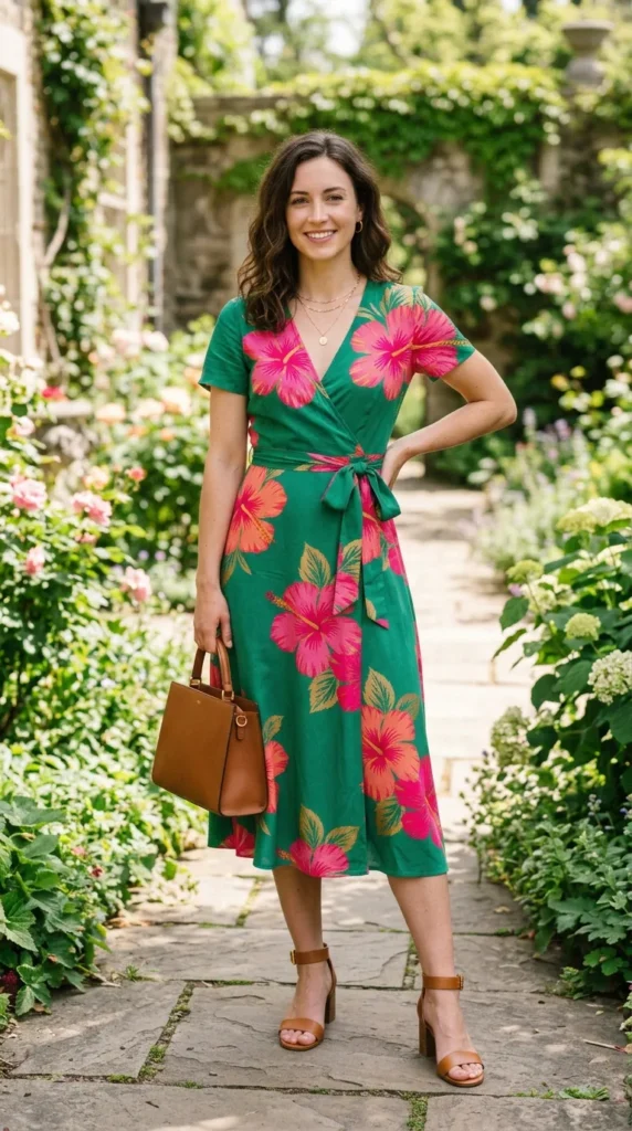 A woman wearing a green dress with a pink flower pattern is standing in front of a garden.